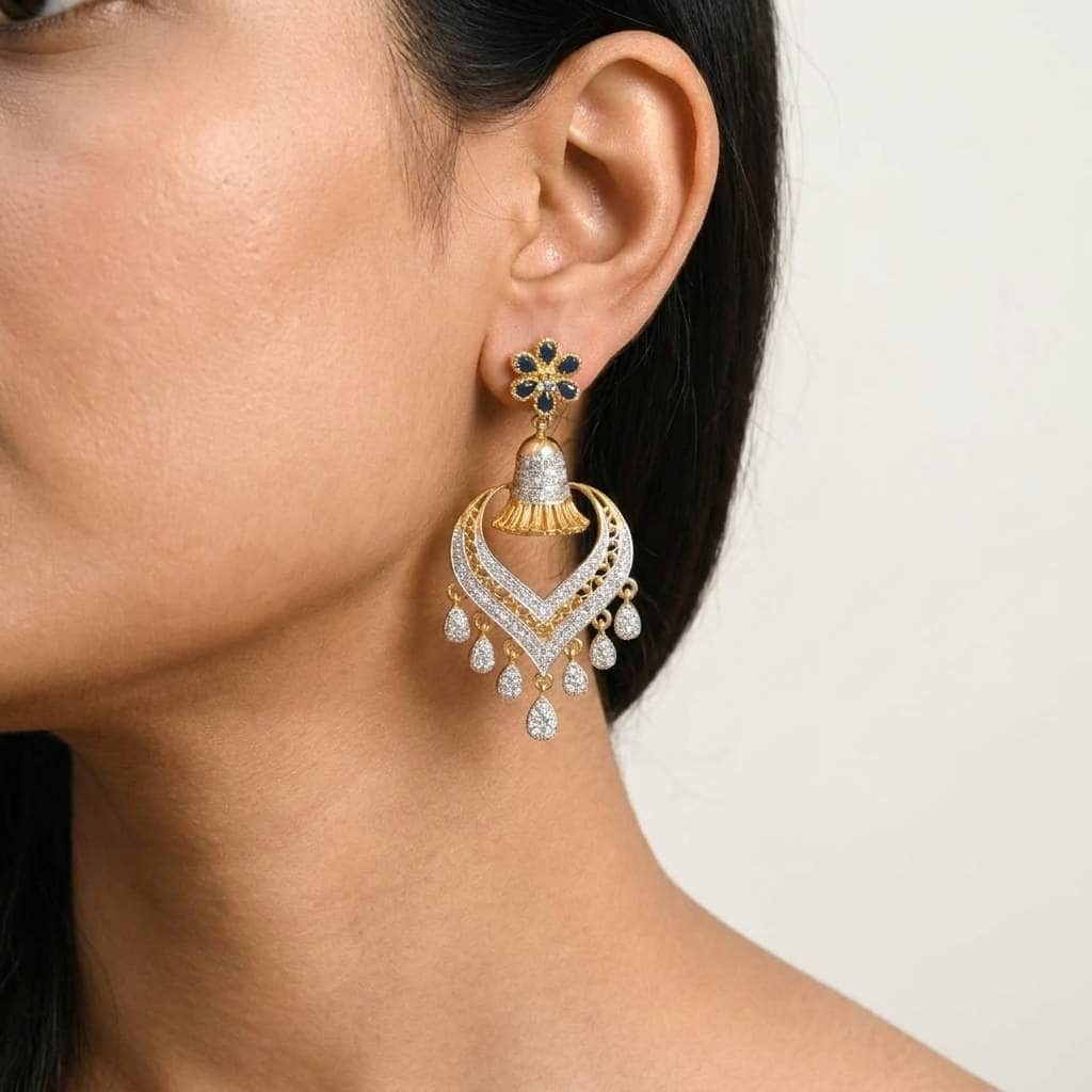 Mataari Earrings Blue Sapphire Flower Gold Crystal CZ Jhumka Chandbali Bridal Earrings