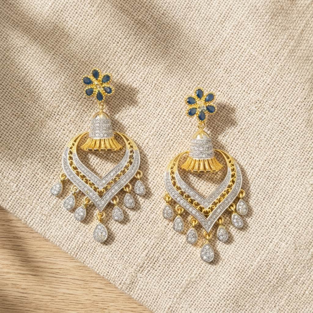 Mataari Earrings Blue Sapphire Flower Gold Crystal CZ Jhumka Chandbali Bridal Earrings
