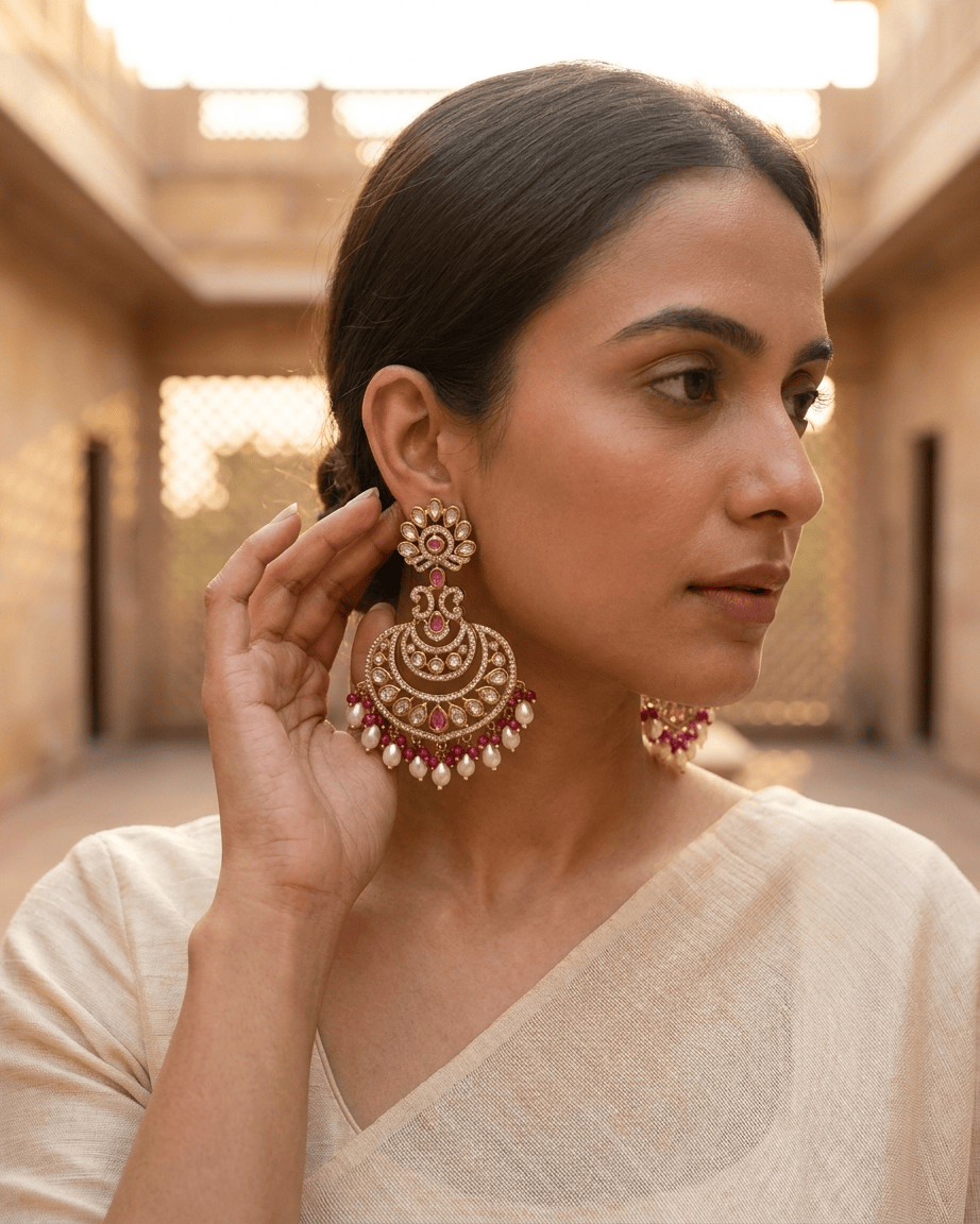 Mataari Earrings Blue Sapphire Polki Moissanite Kundan Ruby Chandbali Pearl Beaded Bridal Earrings