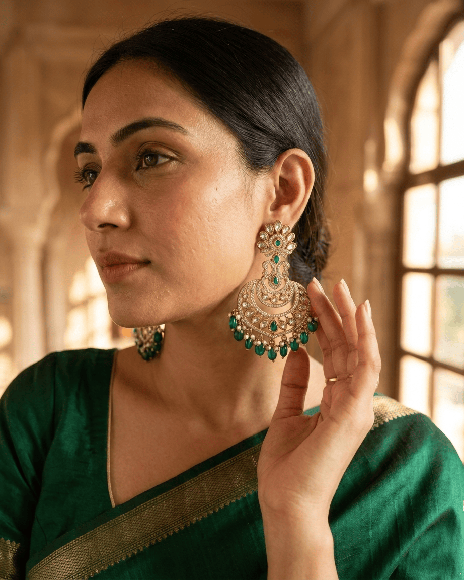 Mataari Earrings Blue Sapphire Polki Moissanite Kundan Ruby Chandbali Pearl Beaded Bridal Earrings