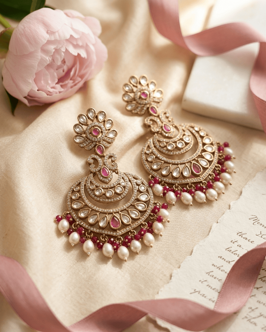 Mataari Earrings Blue Sapphire Polki Moissanite Kundan Ruby Chandbali Pearl Beaded Bridal Earrings