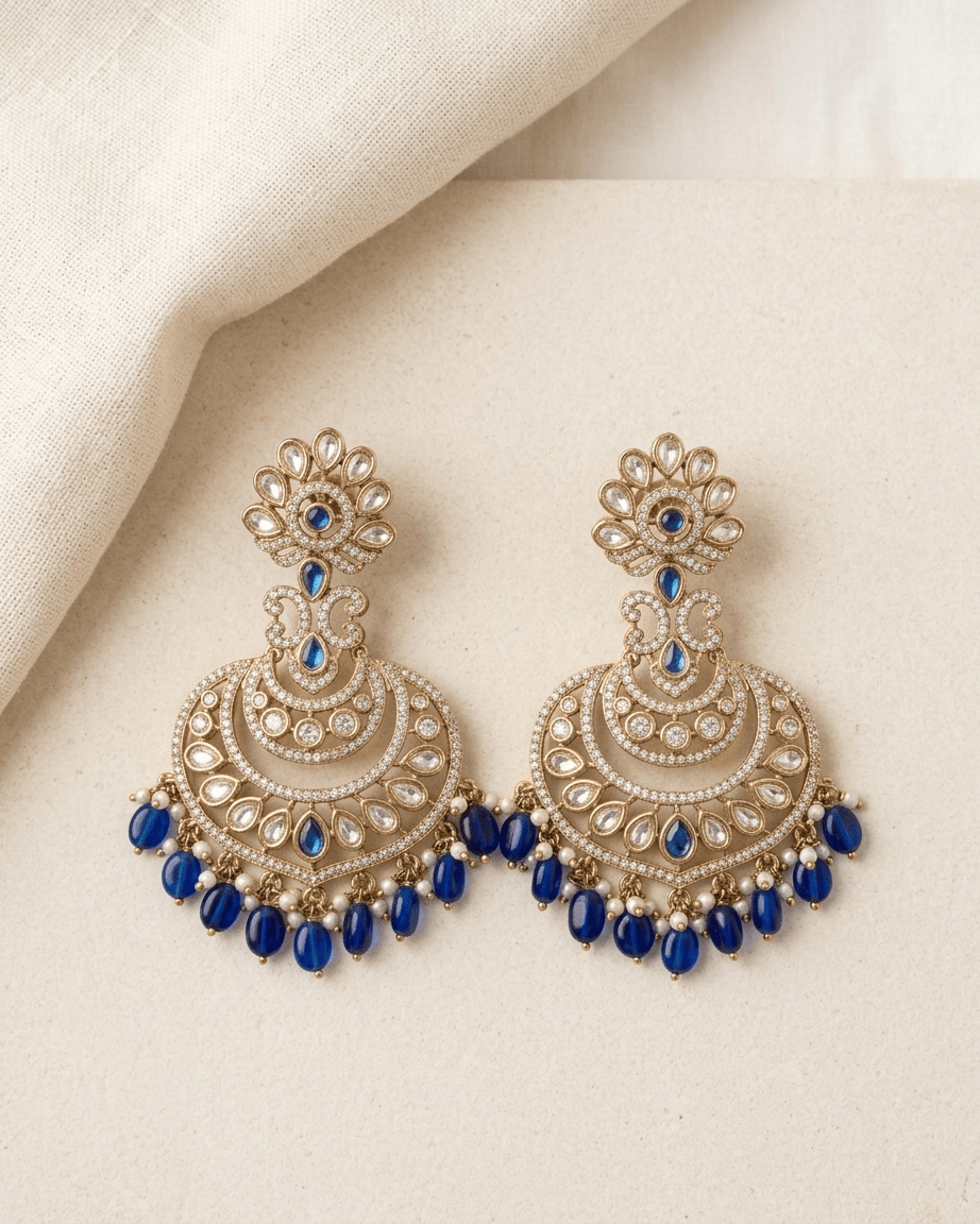 Mataari Earrings Blue Sapphire Polki Moissanite Kundan Ruby Chandbali Pearl Beaded Bridal Earrings