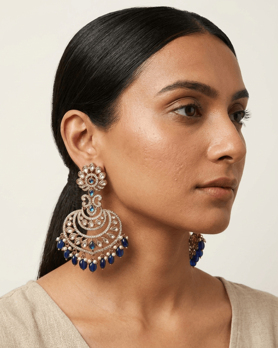 Mataari Earrings Blue Sapphire Polki Moissanite Kundan Ruby Chandbali Pearl Beaded Bridal Earrings