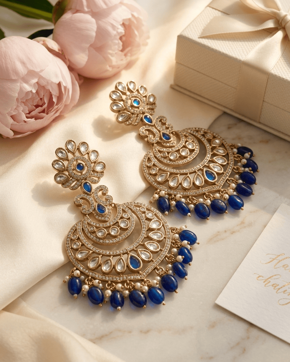 Mataari Earrings Blue Sapphire Polki Moissanite Kundan Ruby Chandbali Pearl Beaded Bridal Earrings