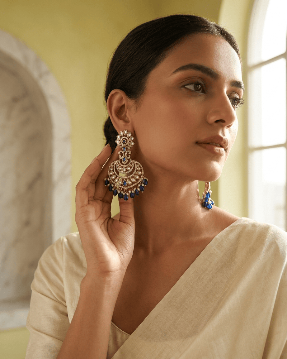 Mataari Earrings Blue Sapphire Polki Moissanite Kundan Ruby Chandbali Pearl Beaded Bridal Earrings