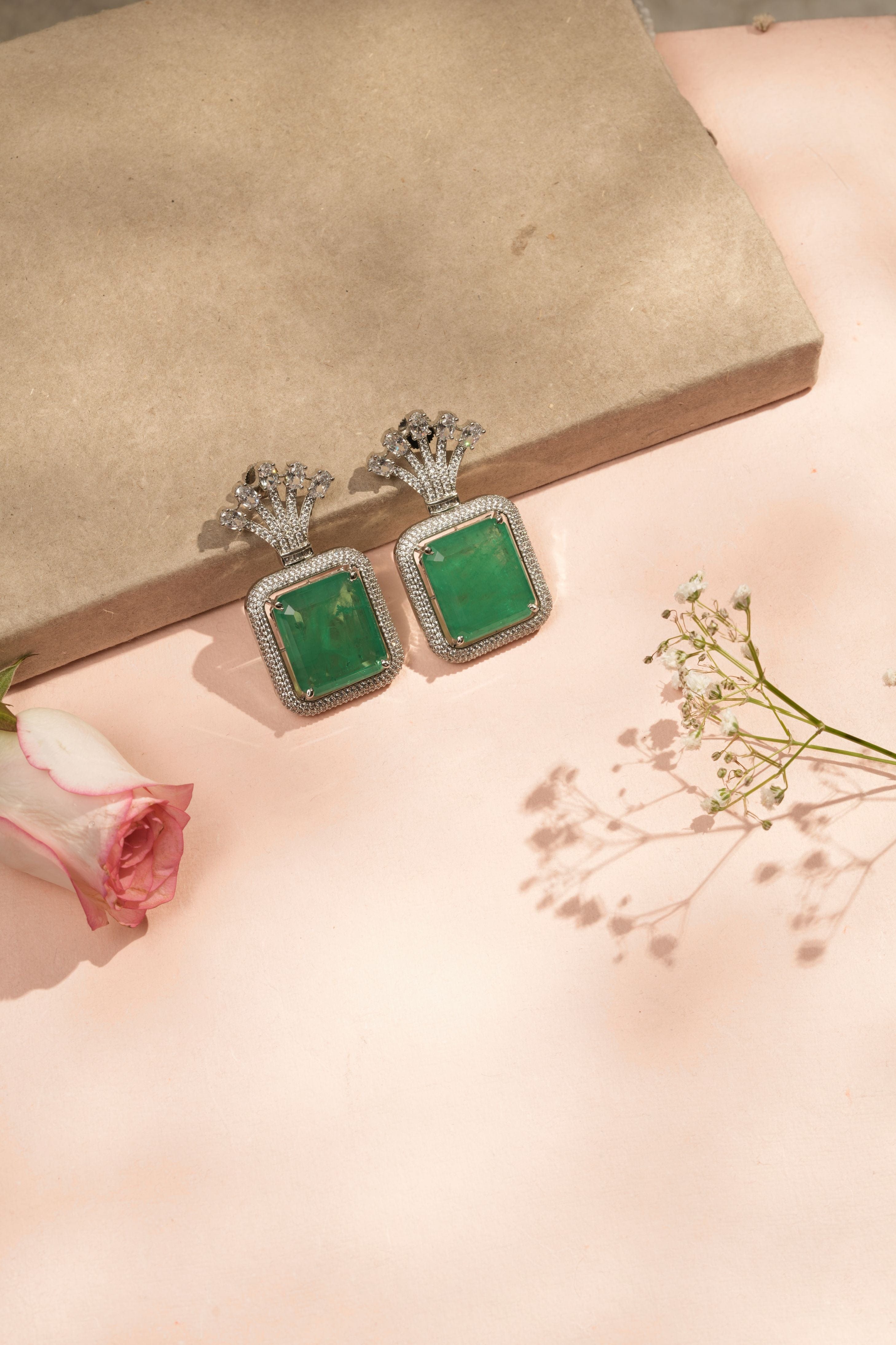 Mataari Earrings Emerald Green Square-Cut Statement Earrings