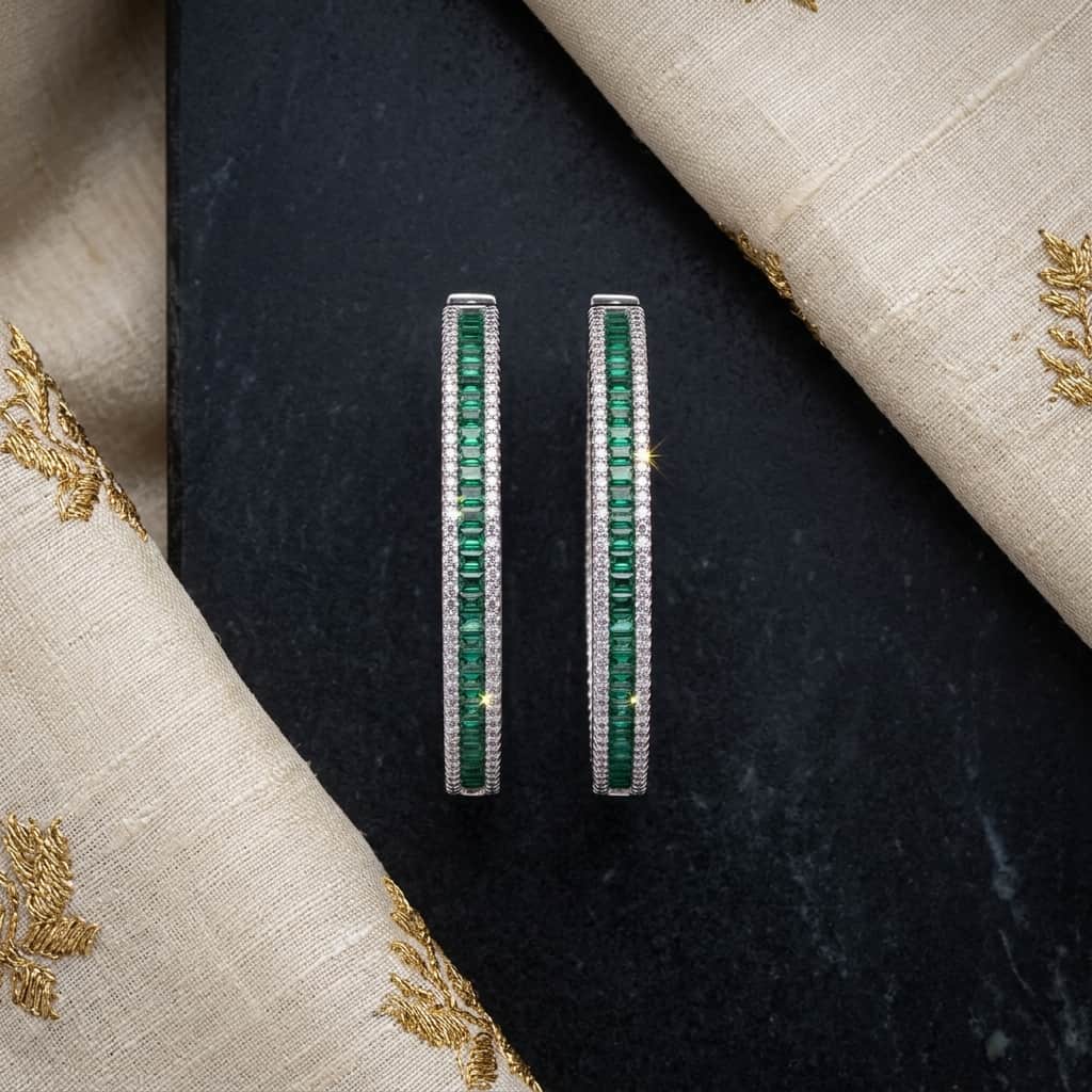 Mataari Earrings Gold & Silver Crystal Moissanite Round Hoop Bali Earrings with Ruby, Emerald & Blue Sapphire Accents