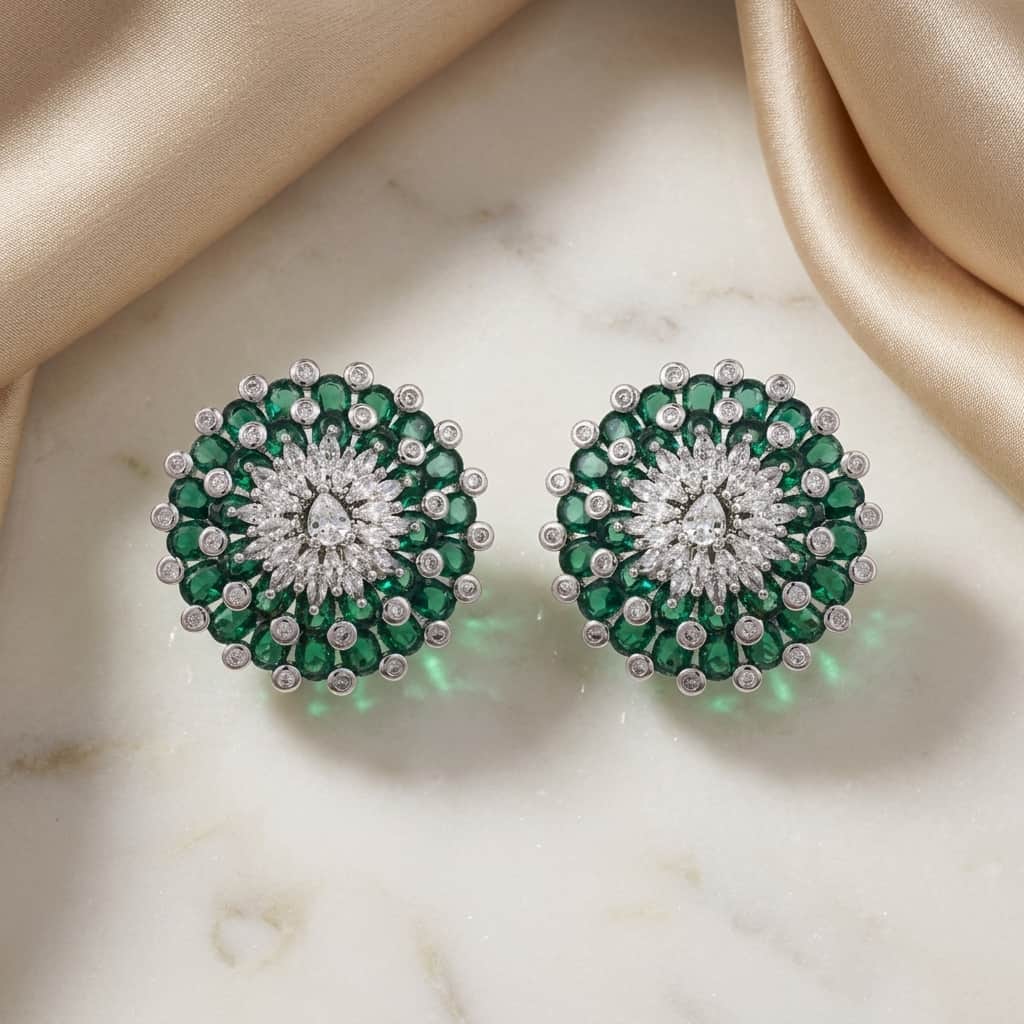 Mataari Earrings Silver Moissanite Crystal Flower Clip On Stud Earrings with Emerald & Blue Sapphire Accents