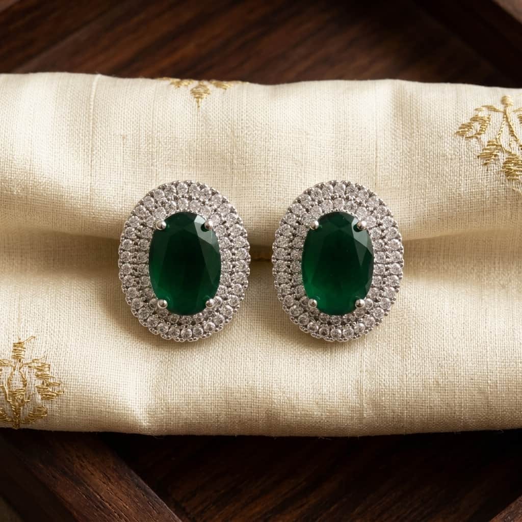 Mataari Earrings Silver Plated Crystal Moissanite Oval Stud Earrings with Black Sapphire, Ruby & Emerald Stones