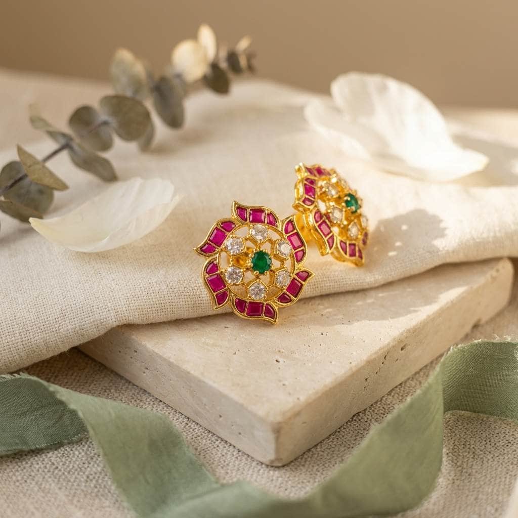 Mataari Earrings Flower Polki Crystal Moissanite Gold Kundan Tiny Small Stud Earrings