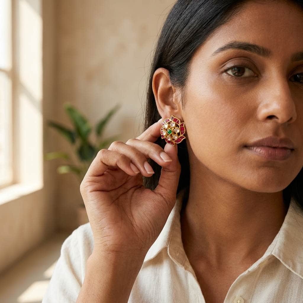 Mataari Earrings Flower Polki Crystal Moissanite Gold Kundan Tiny Small Stud Earrings