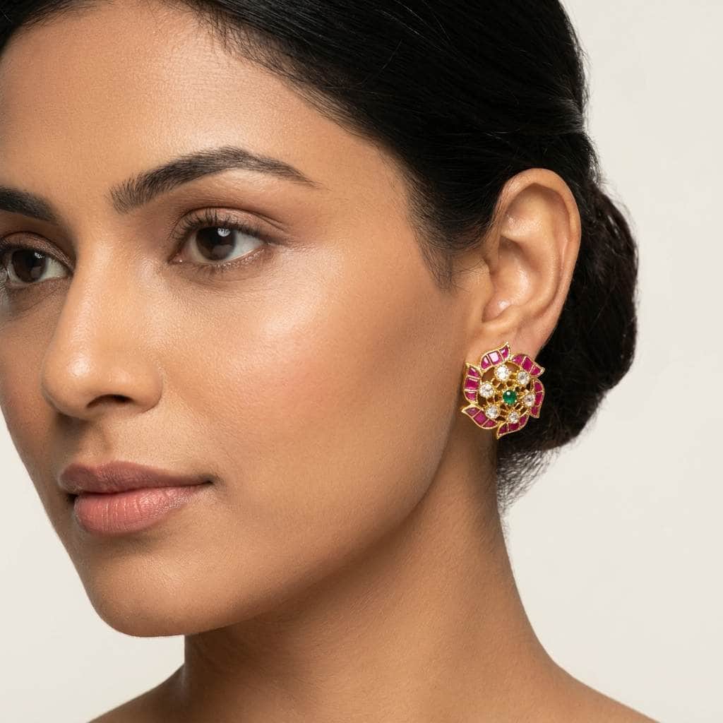 Mataari Earrings Flower Polki Crystal Moissanite Gold Kundan Tiny Small Stud Earrings