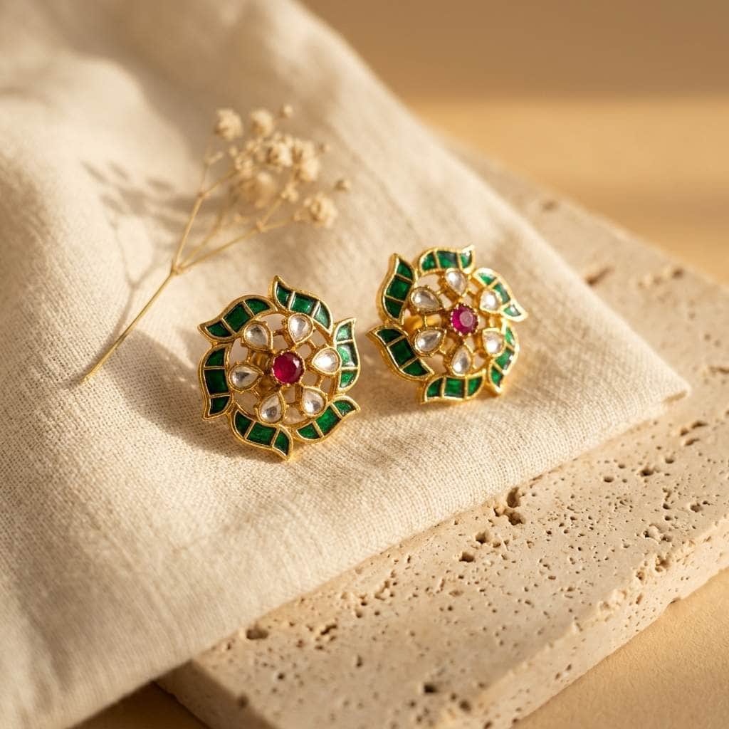 Mataari Earrings Flower Polki Crystal Moissanite Gold Kundan Tiny Small Stud Earrings