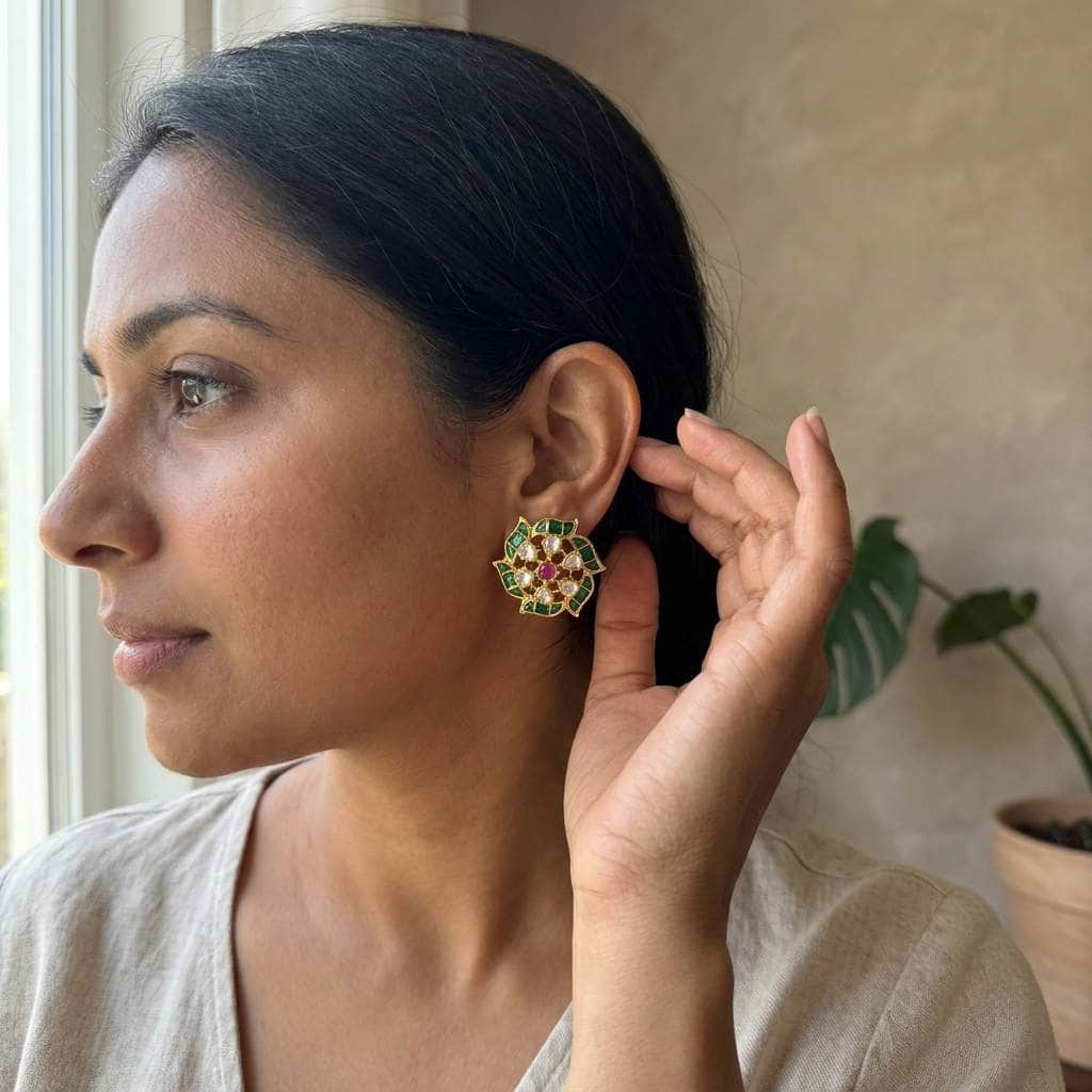 Mataari Earrings Flower Polki Crystal Moissanite Gold Kundan Tiny Small Stud Earrings