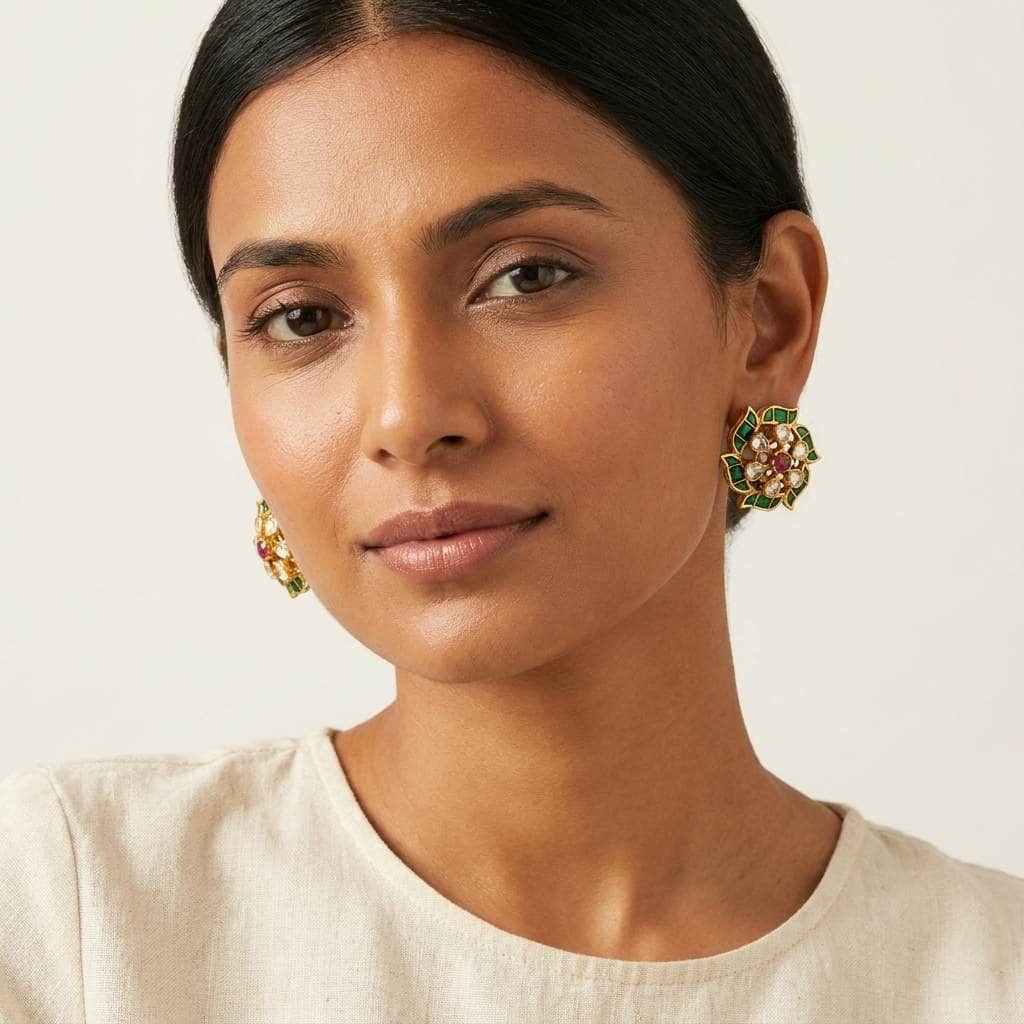 Mataari Earrings Flower Polki Crystal Moissanite Gold Kundan Tiny Small Stud Earrings