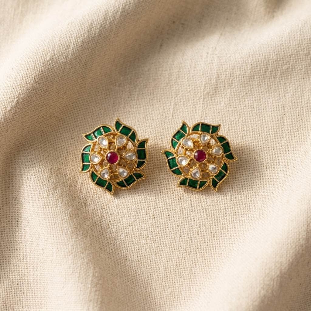 Mataari Earrings Flower Polki Crystal Moissanite Gold Kundan Tiny Small Stud Earrings