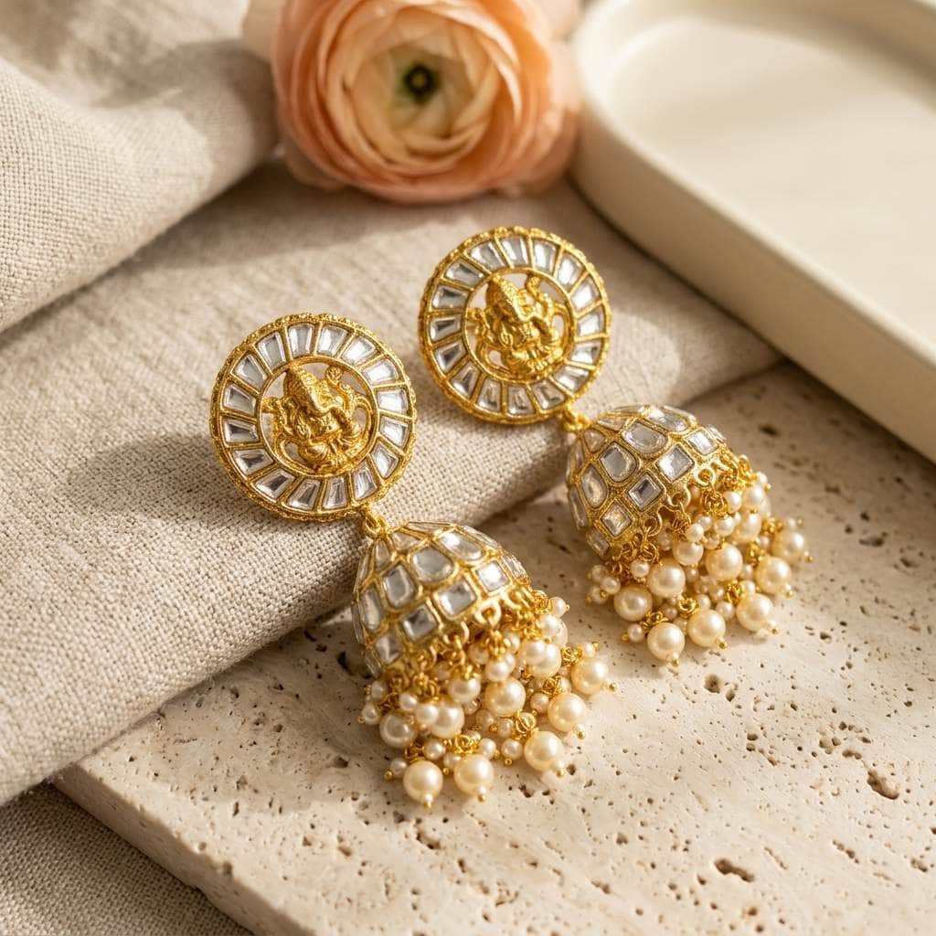 Mataari Earrings Goddess Lakshmi Kundan Polki Jhumka Pearl Beaded Bridal Earrings