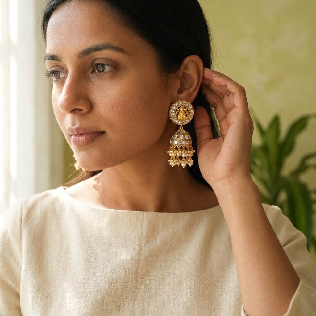 Mataari Earrings Goddess Lakshmi Kundan Polki Jhumka Pearl Beaded Bridal Earrings