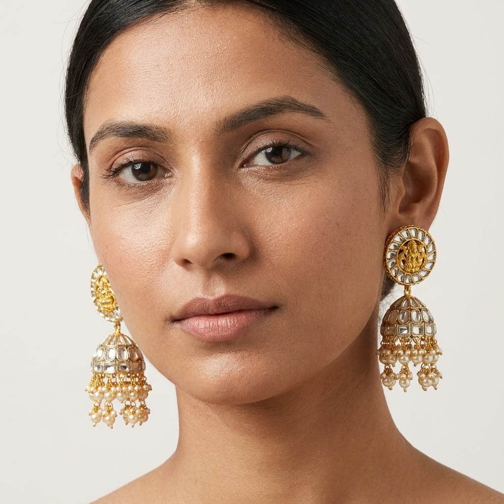 Mataari Earrings Goddess Lakshmi Kundan Polki Jhumka Pearl Beaded Bridal Earrings