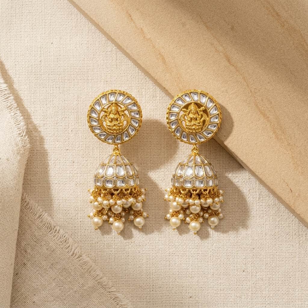 Mataari Earrings Goddess Lakshmi Kundan Polki Jhumka Pearl Beaded Bridal Earrings