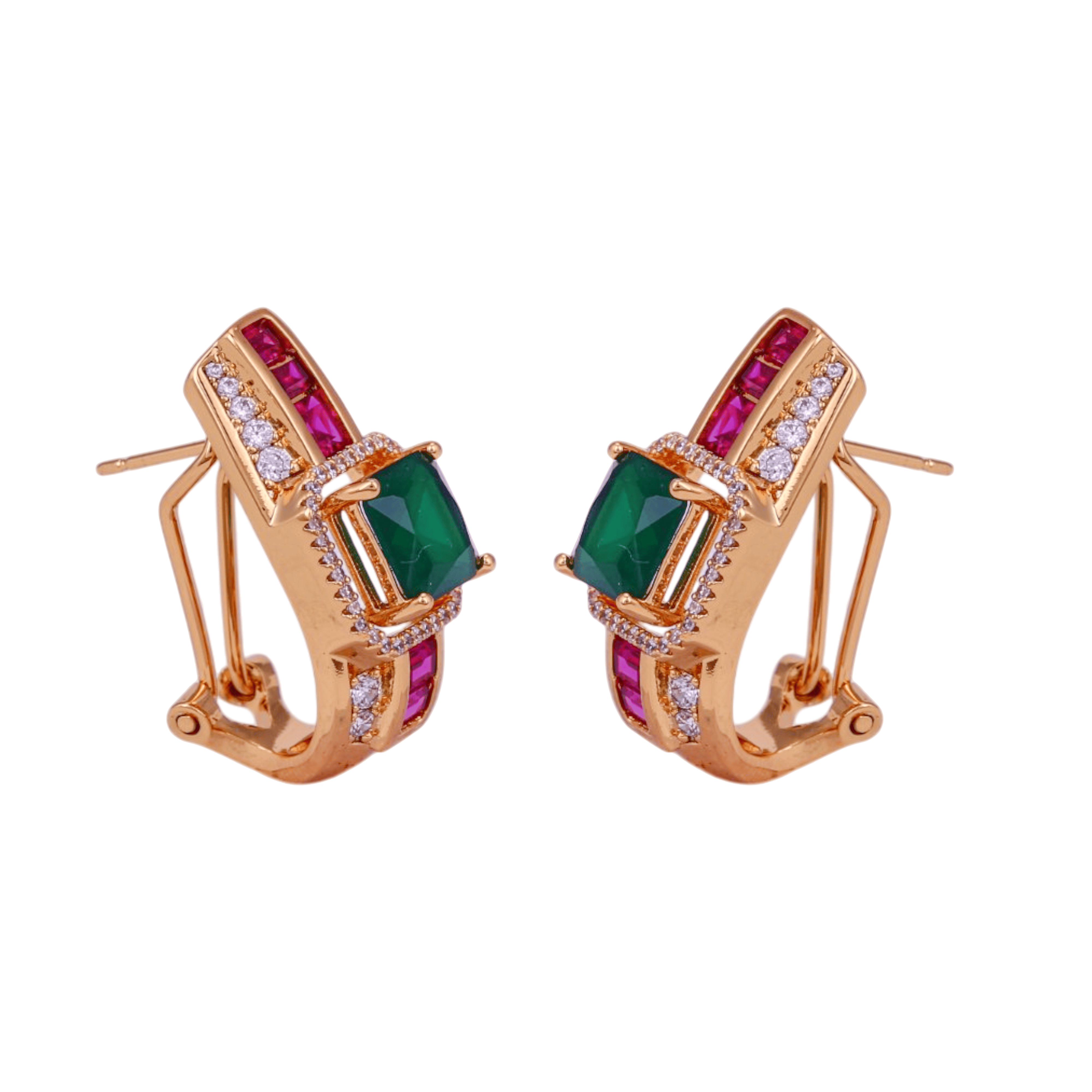 Mataari Earrings Gold Plated Crystal Baguette Moissanite Clip On Earrings with Ruby & Emerald Stones
