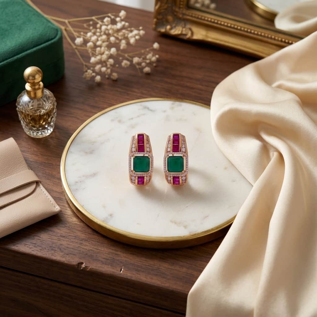 Mataari Earrings Gold Plated Crystal Baguette Moissanite Clip On Earrings with Ruby & Emerald Stones