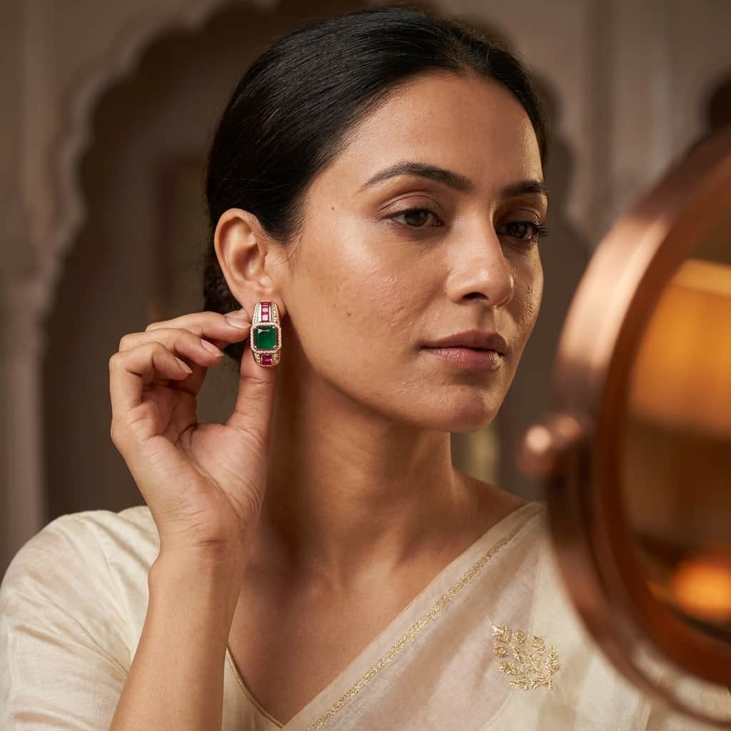 Mataari Earrings Gold Plated Crystal Baguette Moissanite Clip On Earrings with Ruby & Emerald Stones