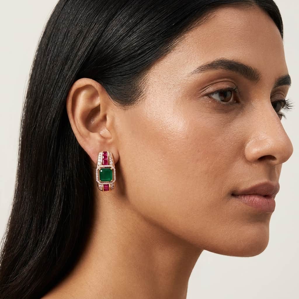 Mataari Earrings Gold Plated Crystal Baguette Moissanite Clip On Earrings with Ruby & Emerald Stones