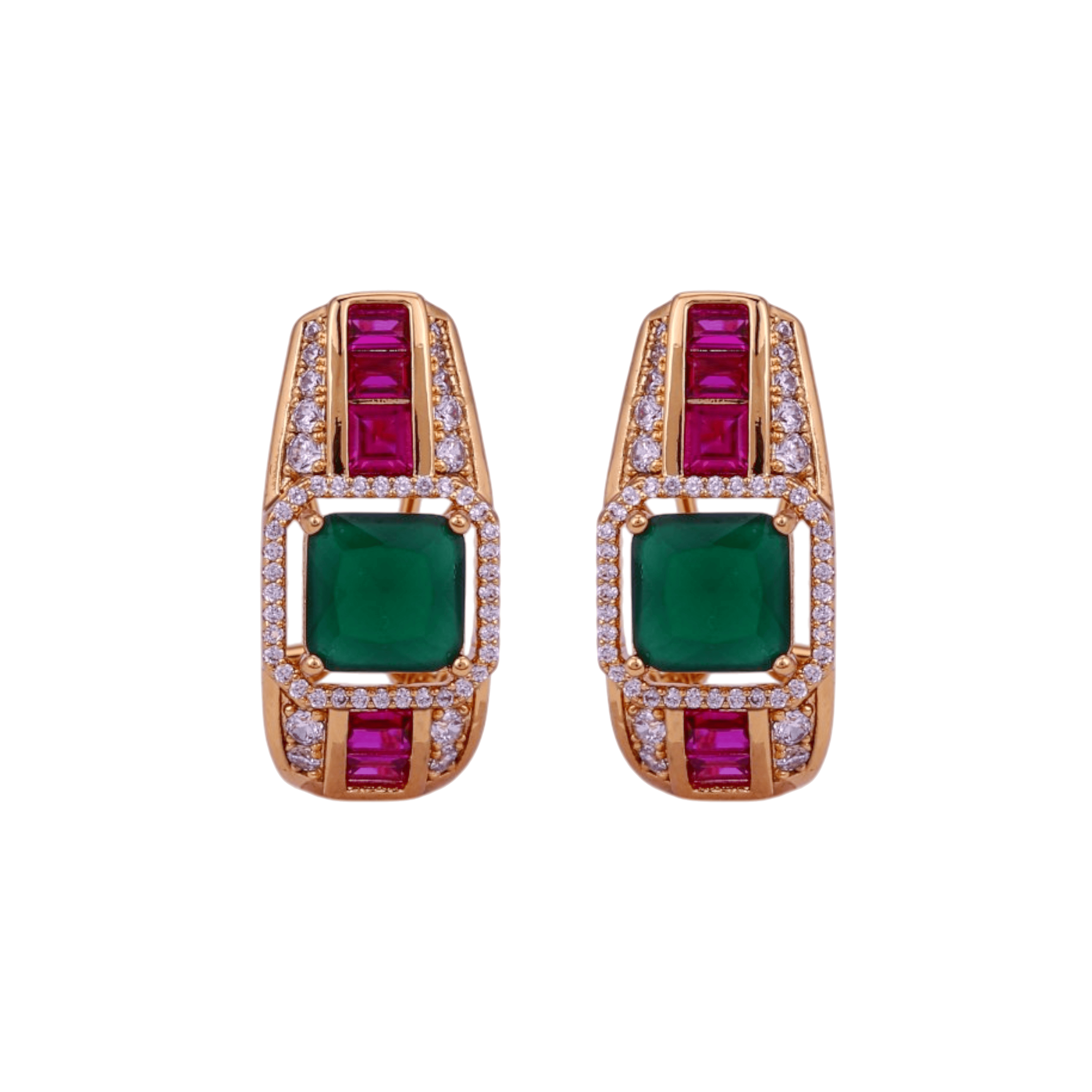 Mataari Earrings Gold Plated Crystal Baguette Moissanite Clip On Earrings with Ruby & Emerald Stones
