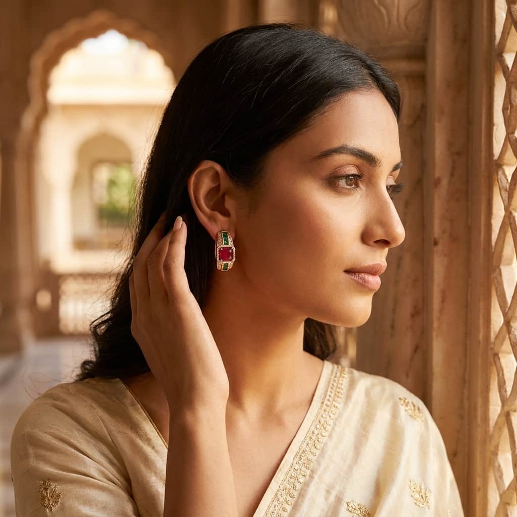 Mataari Earrings Gold Plated Crystal Baguette Moissanite Clip On Earrings with Ruby & Emerald Stones
