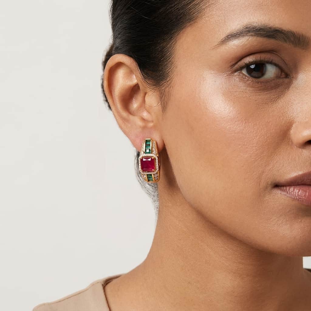 Mataari Earrings Gold Plated Crystal Baguette Moissanite Clip On Earrings with Ruby & Emerald Stones