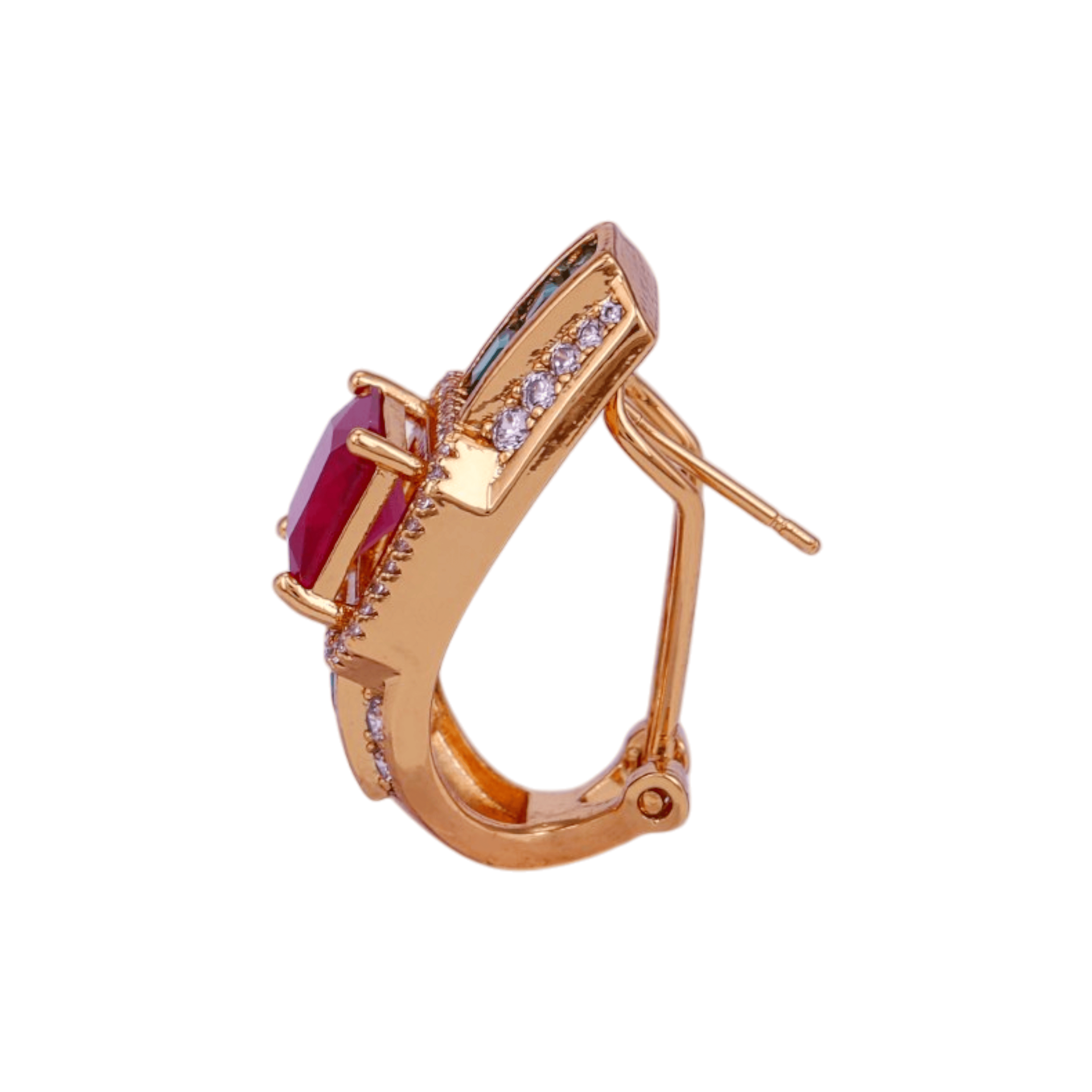 Mataari Earrings Gold Plated Crystal Baguette Moissanite Clip On Earrings with Ruby & Emerald Stones
