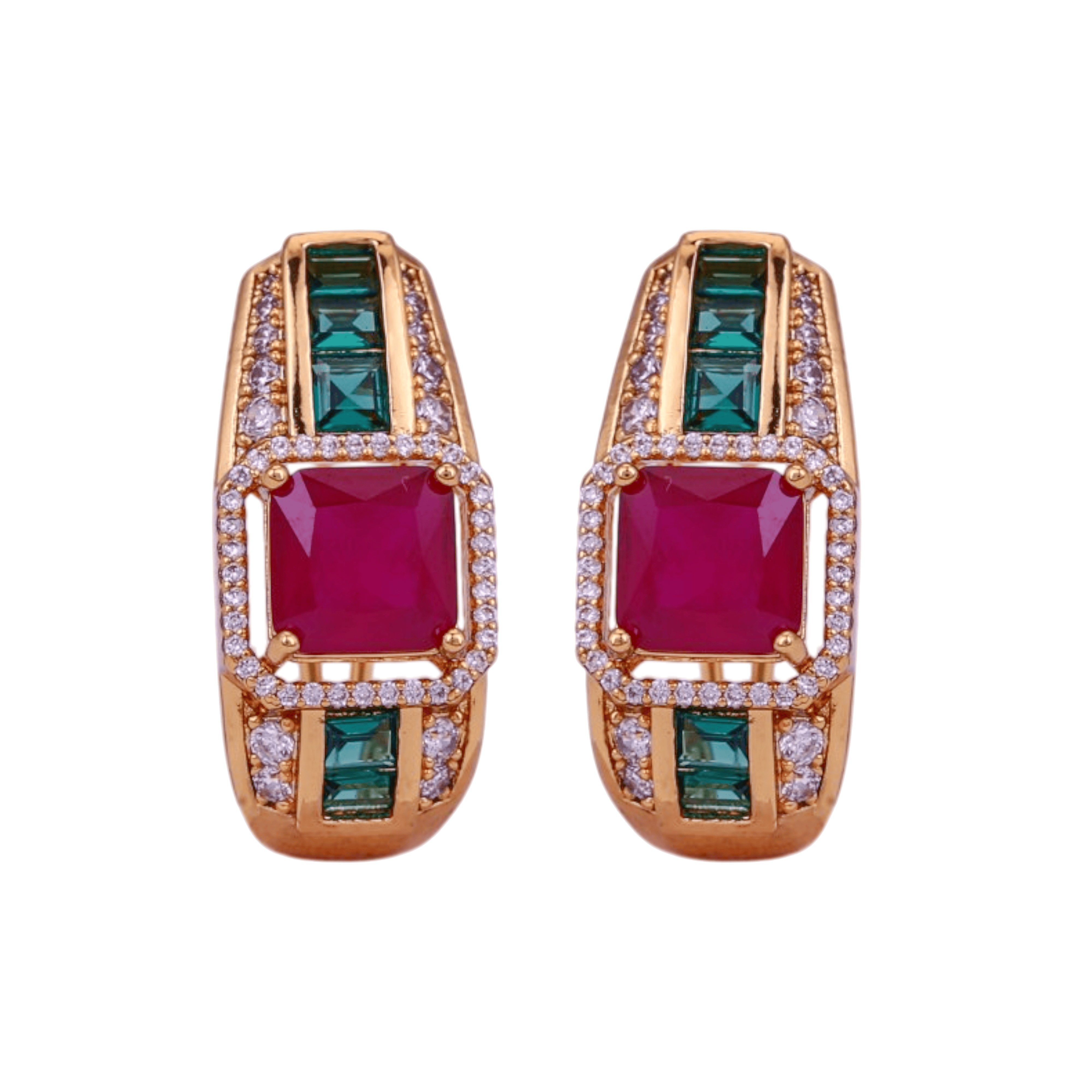 Mataari Earrings Gold Plated Crystal Baguette Moissanite Clip On Earrings with Ruby & Emerald Stones