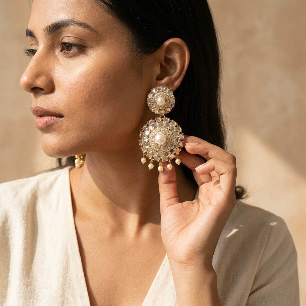 Mataari Earrings Gold Plated Crystal Cubiz Zirconia Dangle Bridal Beaded Earrings