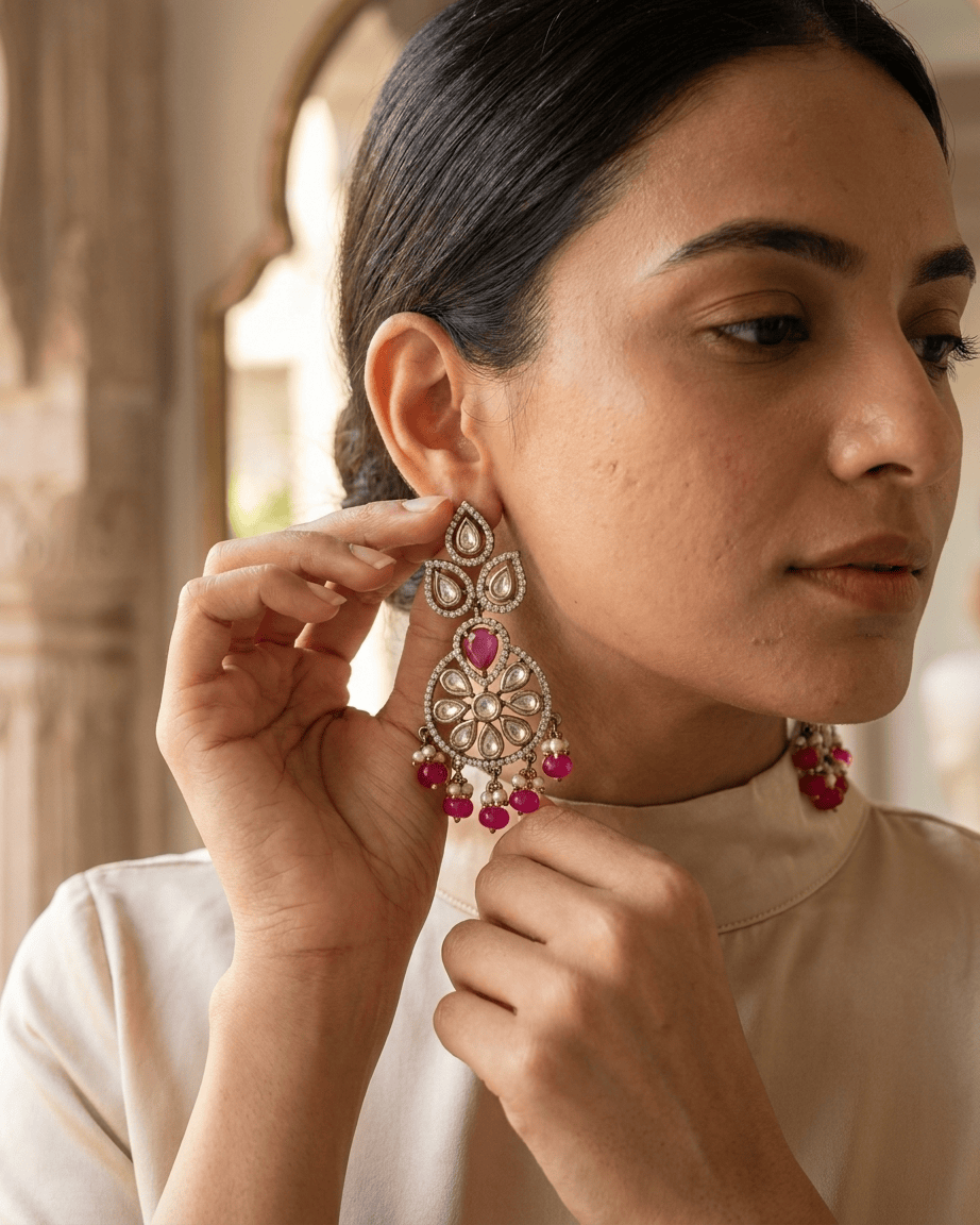 Mataari Earrings Gold Plated Kundan Emerald Chandbali Polki Moissanite Beaded Ruby Pearl Drop Earrings