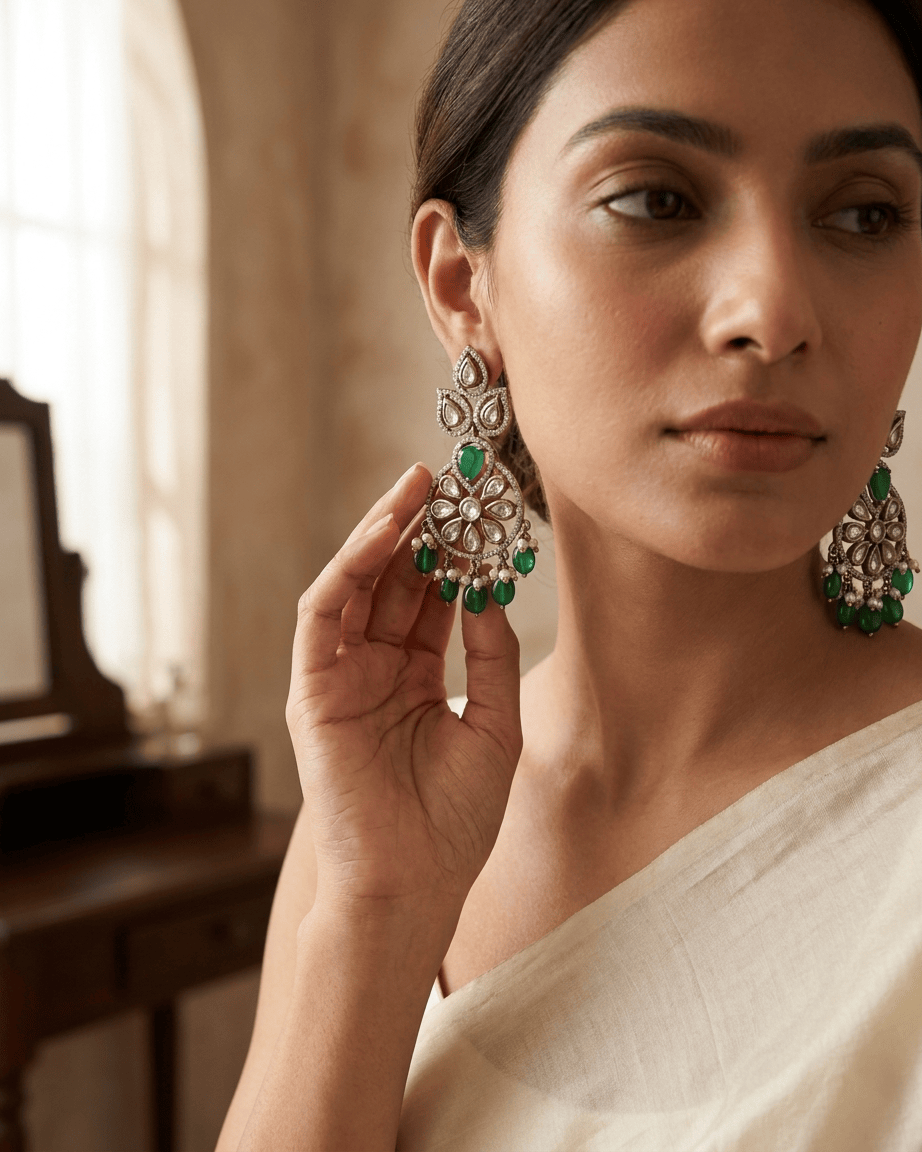 Mataari Earrings Gold Plated Kundan Emerald Chandbali Polki Moissanite Beaded Ruby Pearl Drop Earrings