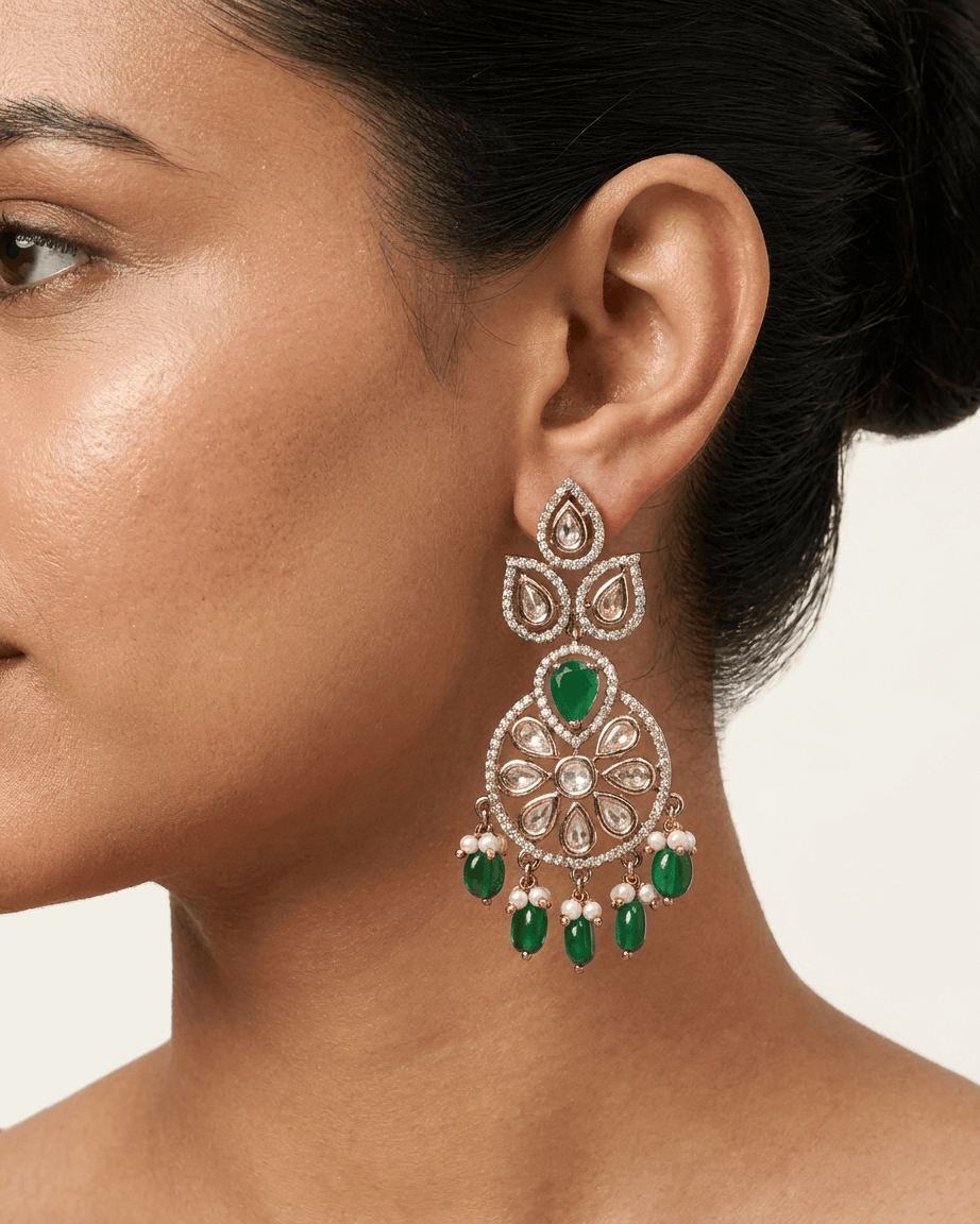 Mataari Earrings Gold Plated Kundan Emerald Chandbali Polki Moissanite Beaded Ruby Pearl Drop Earrings