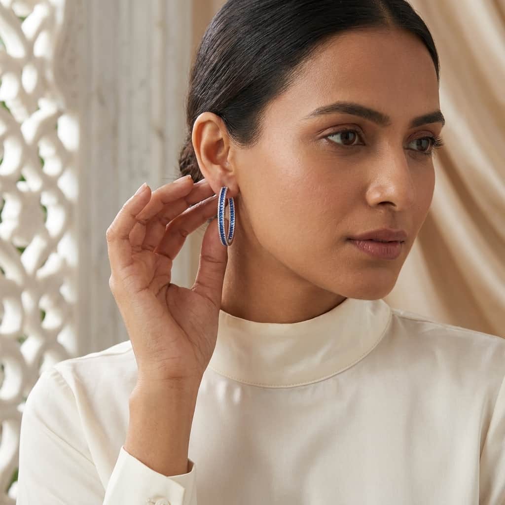 Mataari Earrings Gold & Silver Crystal Moissanite Round Hoop Bali Earrings with Ruby, Emerald & Blue Sapphire Accents