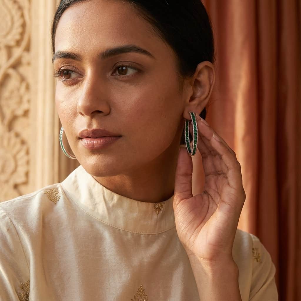 Mataari Earrings Gold & Silver Crystal Moissanite Round Hoop Bali Earrings with Ruby, Emerald & Blue Sapphire Accents