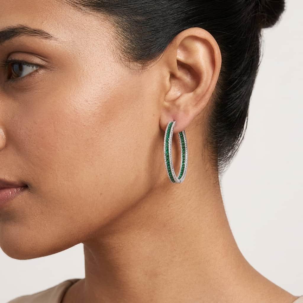 Mataari Earrings Gold & Silver Crystal Moissanite Round Hoop Bali Earrings with Ruby, Emerald & Blue Sapphire Accents