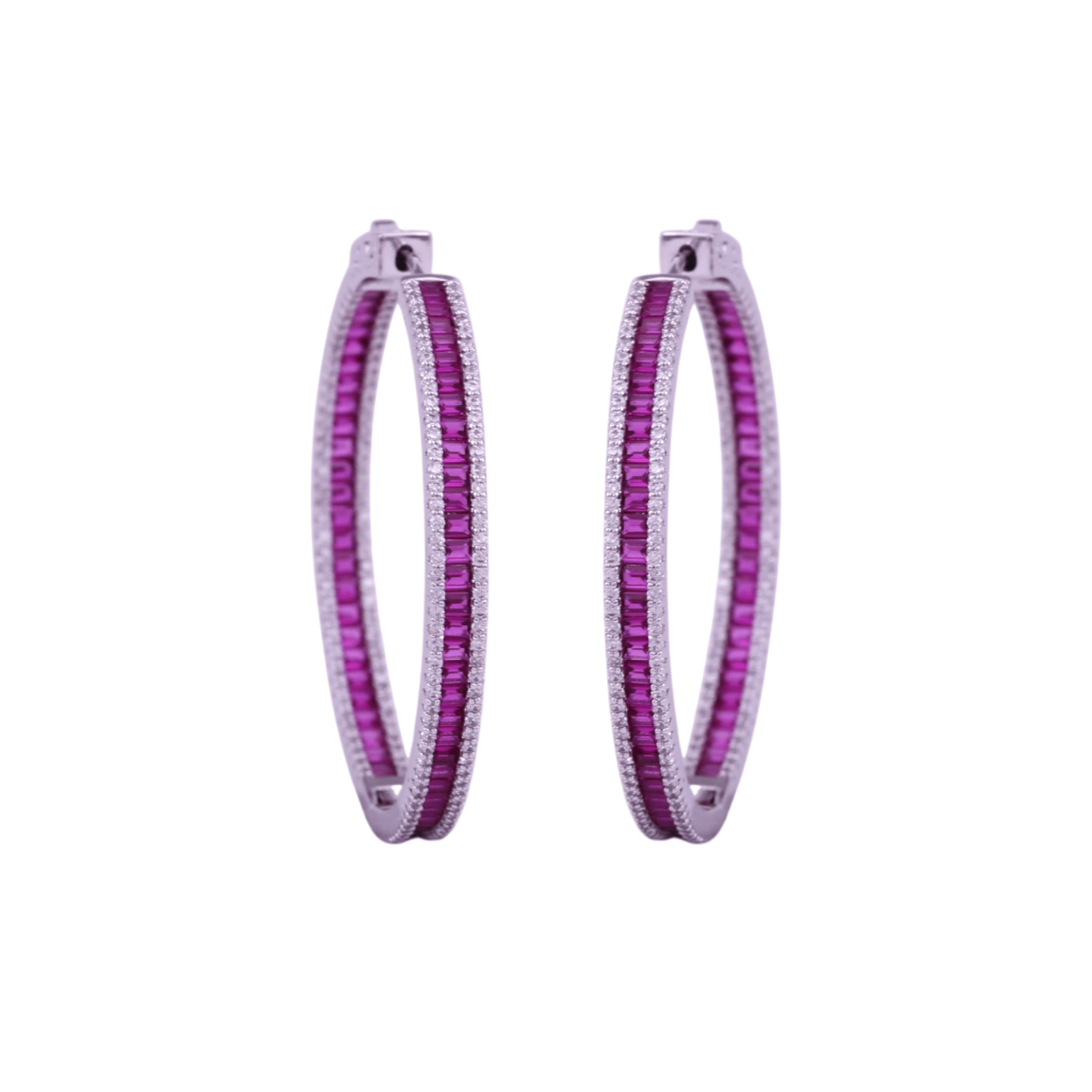 Mataari Earrings Gold & Silver Crystal Moissanite Round Hoop Bali Earrings with Ruby, Emerald & Blue Sapphire Accents