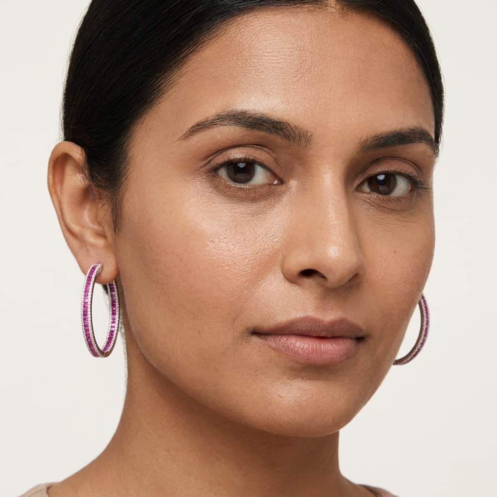 Mataari Earrings Gold & Silver Crystal Moissanite Round Hoop Bali Earrings with Ruby, Emerald & Blue Sapphire Accents