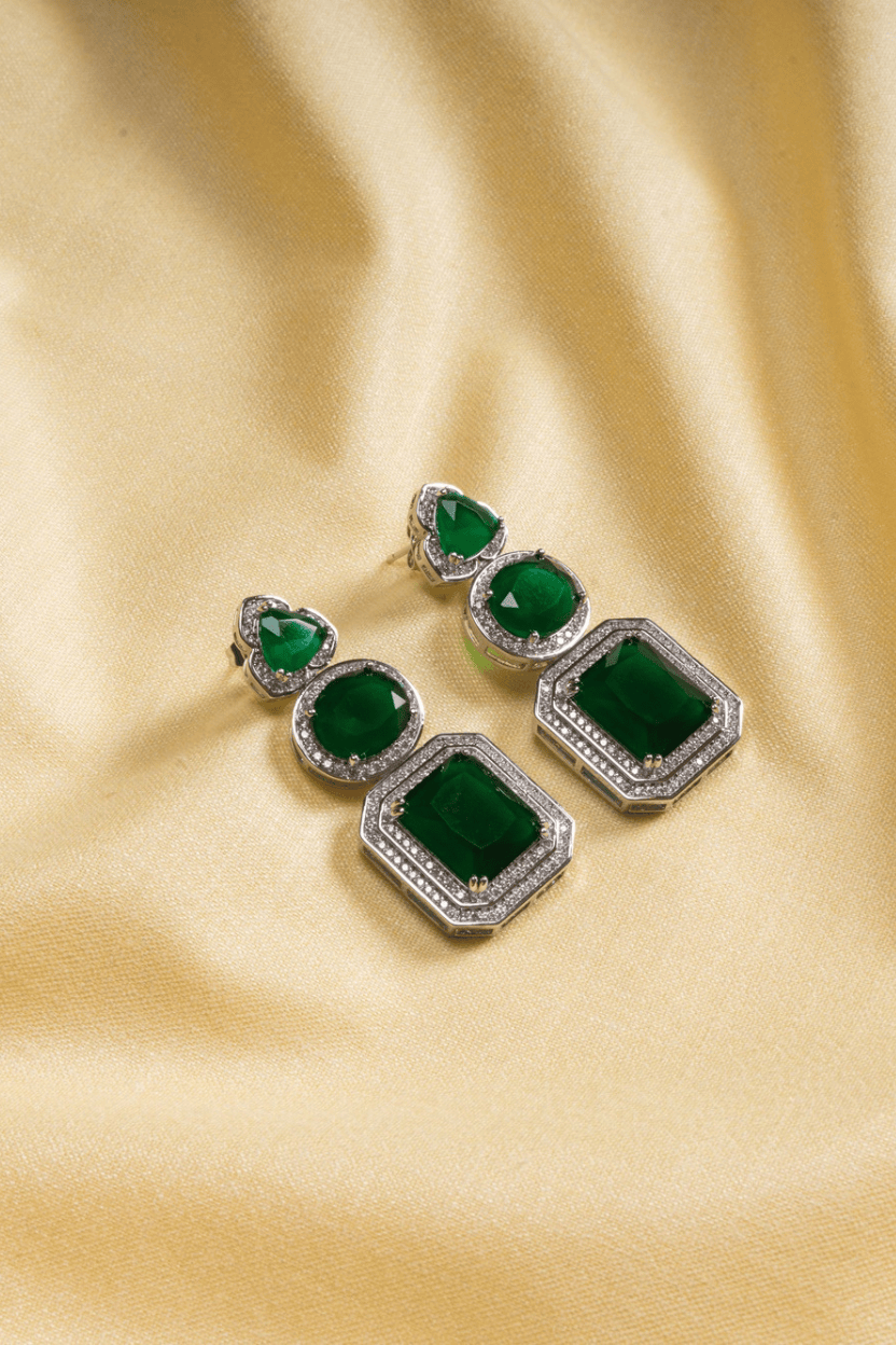 Mataari Earrings Emerald Geometry Statement Earrings — Bold, Glam & Elegant