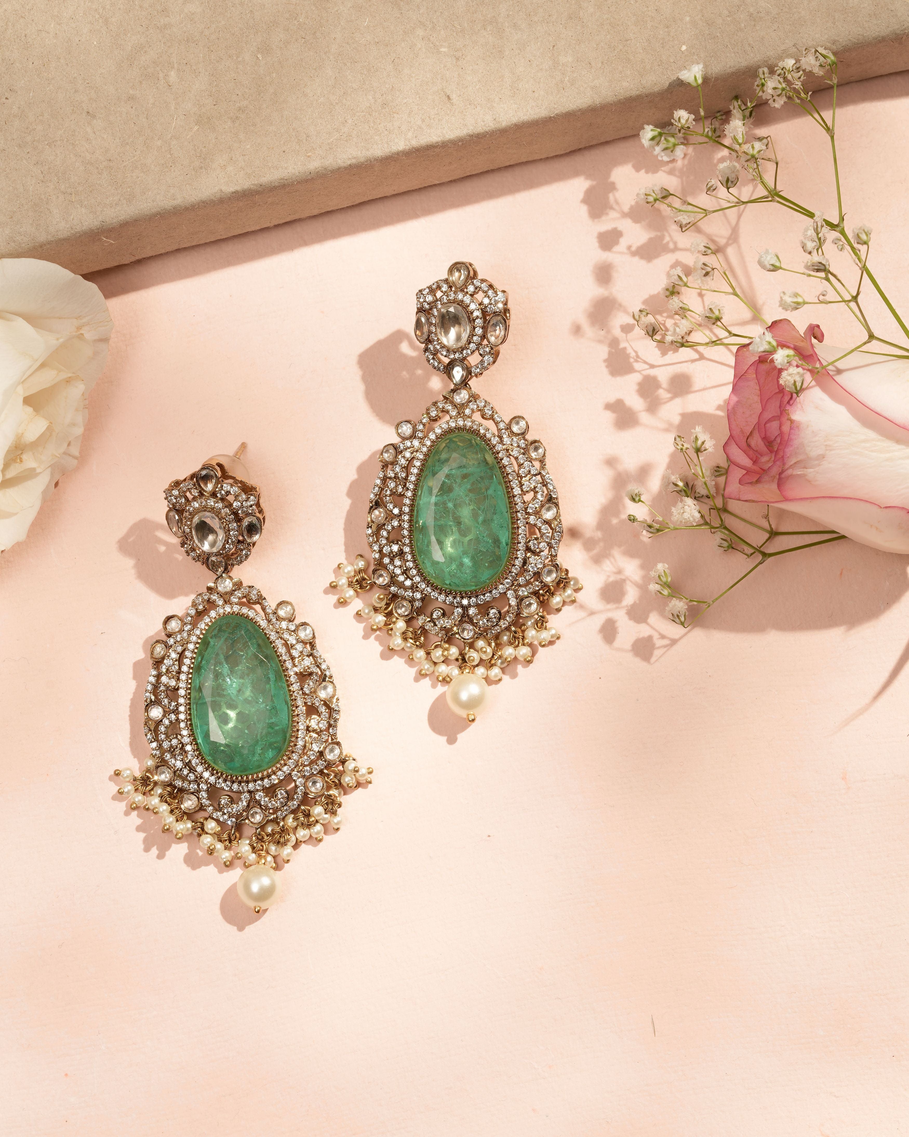 Mataari Earrings Handmade Green Doublet Cascade Earrings