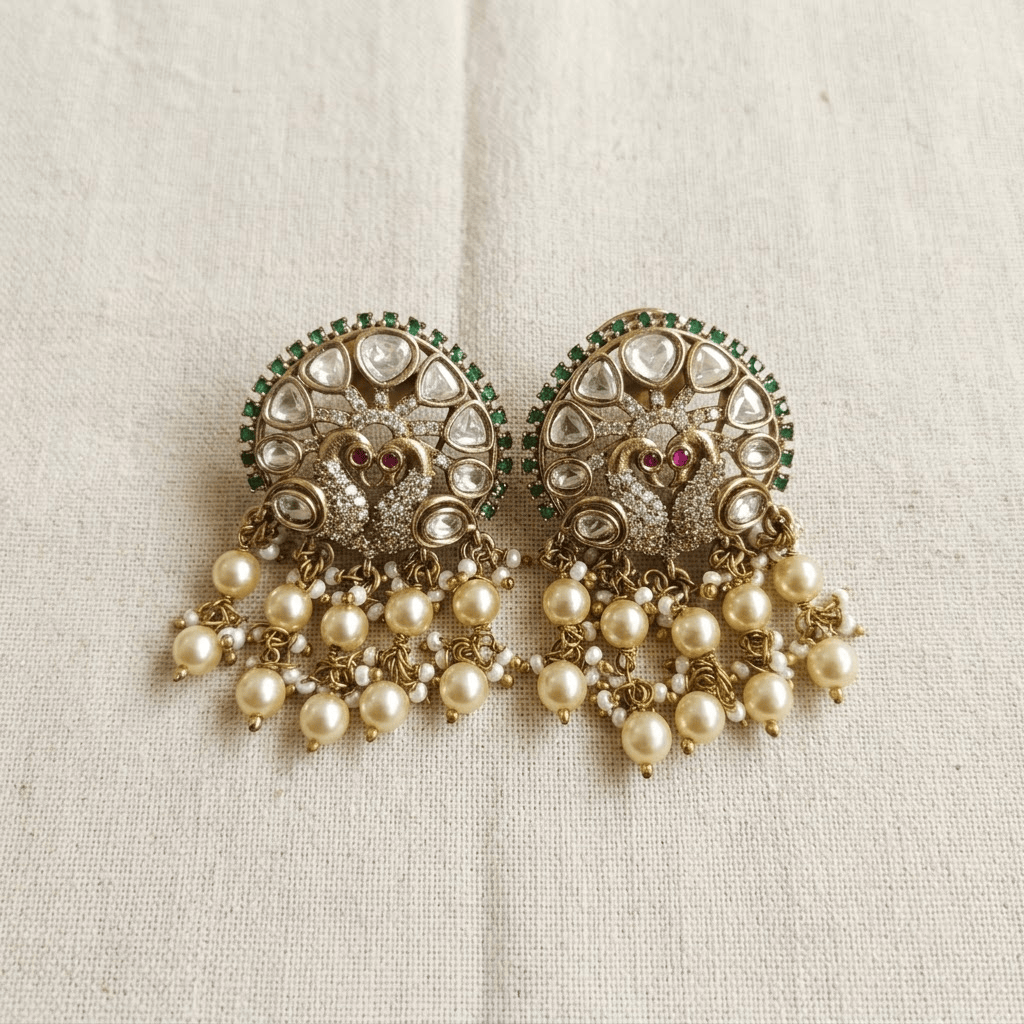 Mataari Earrings Peacock Kundan Antique Gold Polki Pearl Drop Emerald Stud Earrings