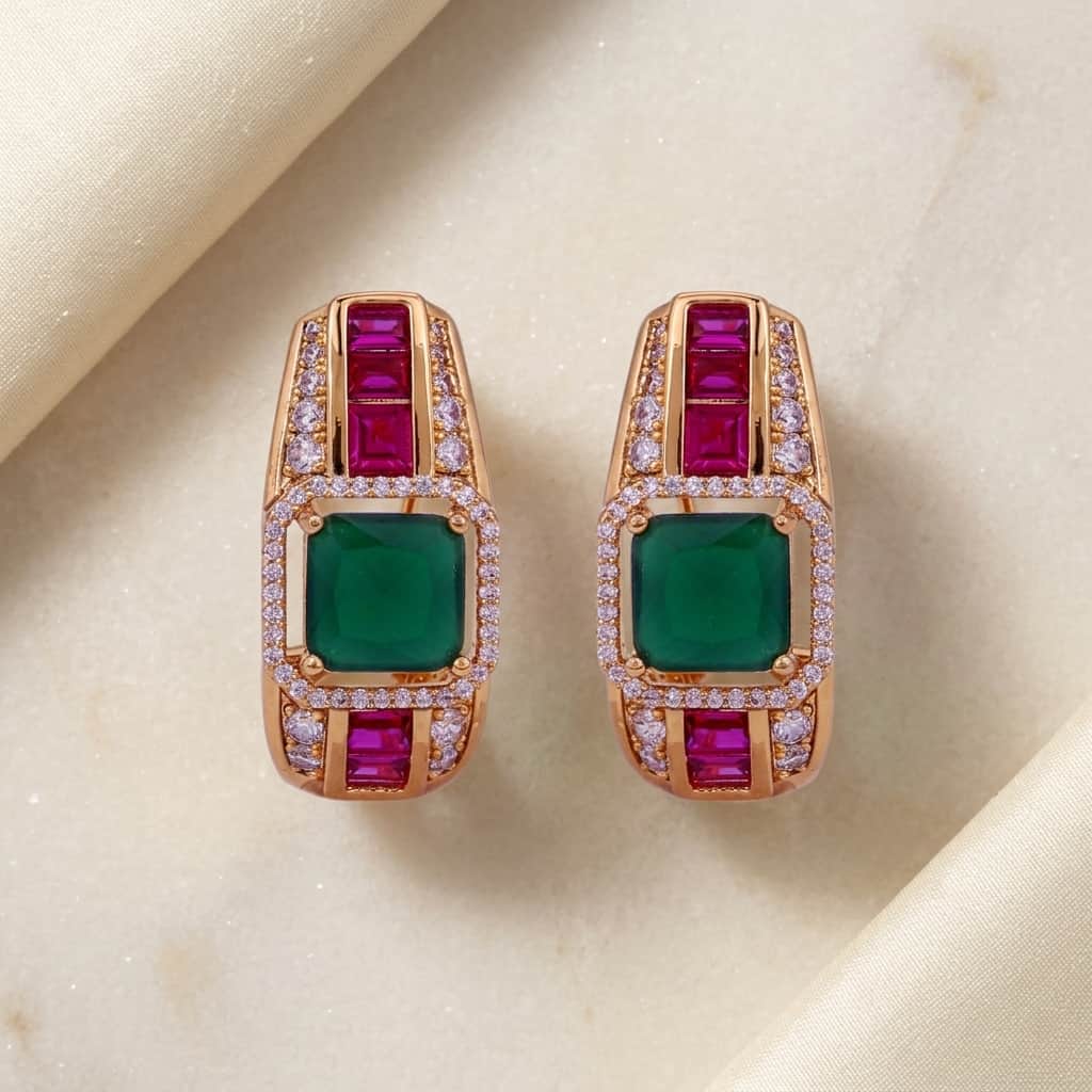 Mataari Earrings Gold Plated Crystal Baguette Moissanite Clip On Earrings with Ruby & Emerald Stones