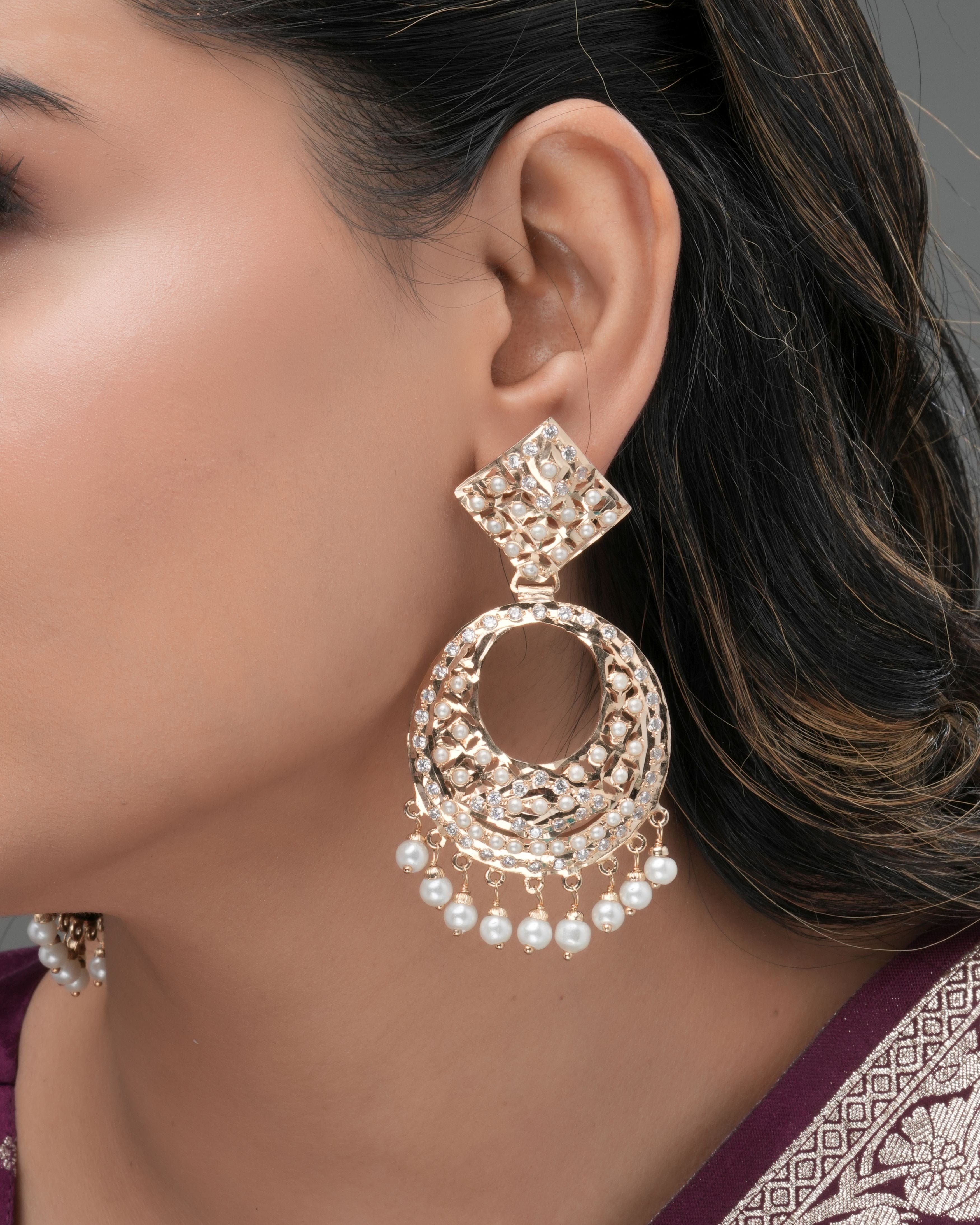 Mataari Earrings Handmade Celestial Halo Chandelier Earrings with Pearl Fringe