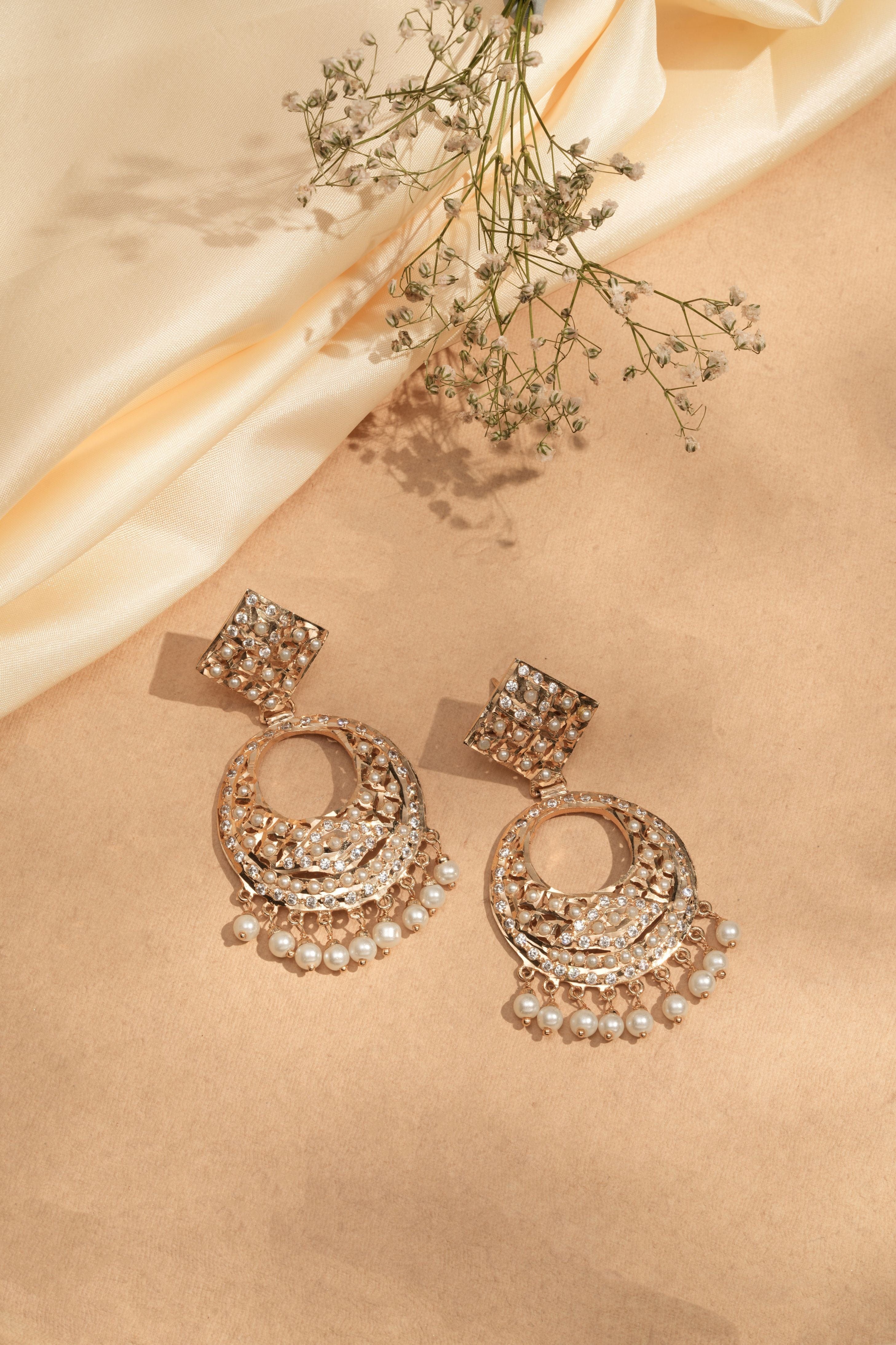 Mataari Earrings Handmade Celestial Halo Chandelier Earrings with Pearl Fringe