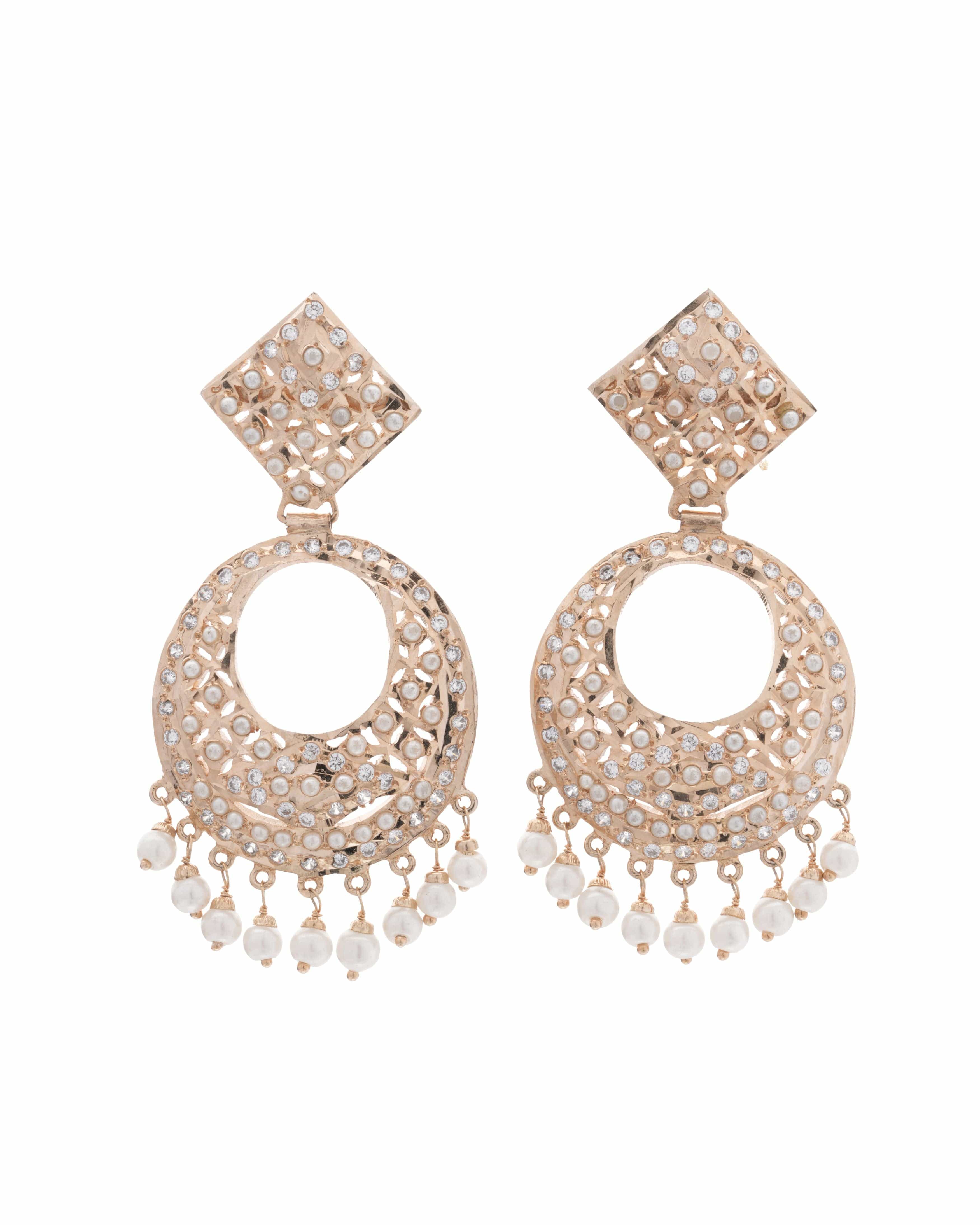 Mataari Earrings Handmade Celestial Halo Chandelier Earrings with Pearl Fringe