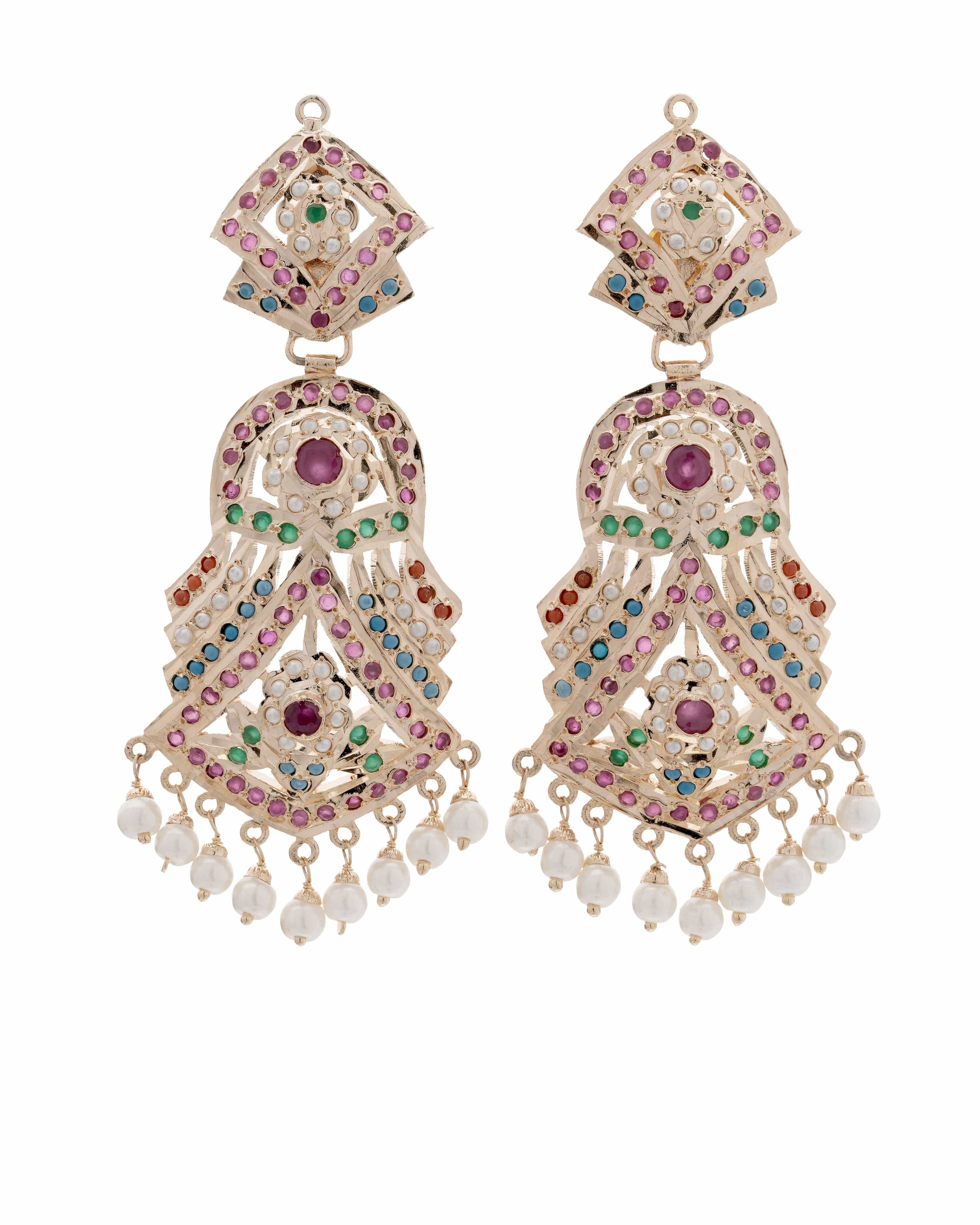 Mataari Earrings Handmade Jadau Opulent Semi precious stones Chandelier Earrings with  Pearl Fringe